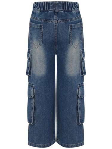 Linjinx Kids Girls Elastic Waist Cargo Jeans Wide Leg Pants Denim Pants Casual Denim Trousers with Flap Pockets4