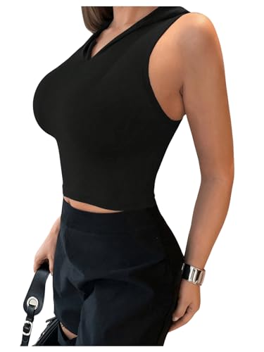 GORGLITTER Women's Hooded Crop Tank Top Sleeveless Hollow Out Workout Rave Tops3