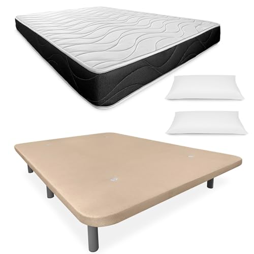 Somnia Descanso - Cama Completa con Colchón Viscoelástico Bombay + Base Tapizada Reforzada con 6 Patas Roscadas + Almohadas, 135 x 190, Beige