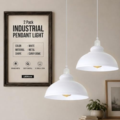 Image of 2 Pack Industrial Ceiling Pendant Light Metal White Hanging Light Fixture