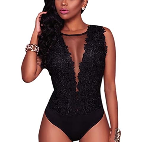 RARITYUS Women Sexy Lace Bodysuit Jumpsuit See Through Mesh Sleeveless/Long Sleeve Tops Swimsuit for Party Outfit Cover