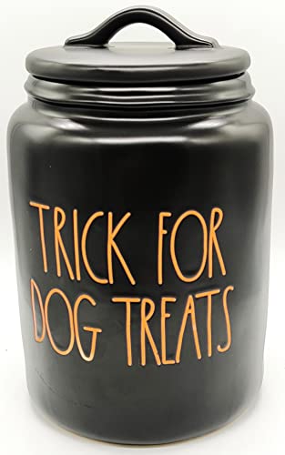 Rae Dunn By Magenta TRICK FOR DOG TREATS Black Ceramic LL Large Pet Canister With Orange Letters
