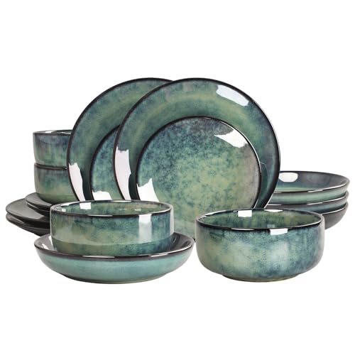 LIUYWYHCF Ceramic Dinnerware (16 pcs) Serve 4 people, Plates and Bowls Sets, Reactive Glaze Dishes Set, Chip Resistant and Scratch Resistant, Dishwasher Microwave Safe, Suitable for dinner, parties