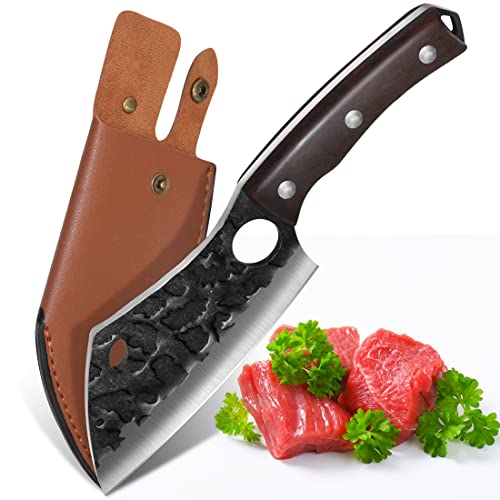 Couteau de Cuisine Fait à la Main,couteau de Boucher Japonais,Couteau à Viande, Couteau à Désosser avec Manteau, Utilisé pour Hachoir, Boucher, Chopper, pour Camping Extérieur BBQ (15cm, 6") Cover