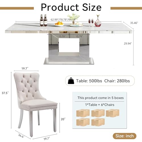 Image of 7-Piece Extendable Dining Table Set for 6, Modern 63 inch-94 inch White Faux Marble Expandable Kitchen Table Set with 6 Velvet Chairs, Large Extendable Dining Room Tables with Mirrored U-Shape Base