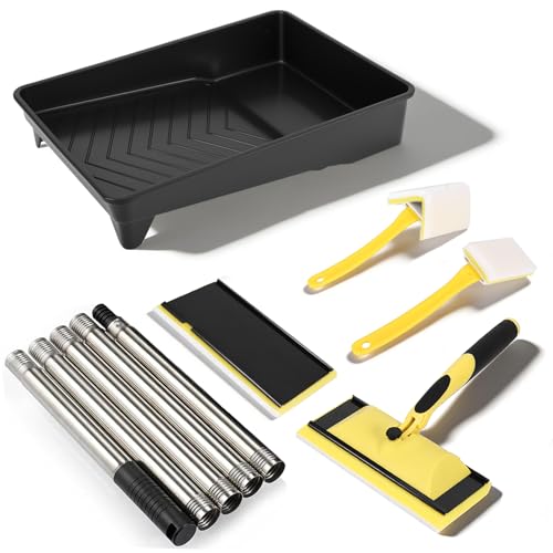 Paint Pads for Walls and Ceilings Paint Pad with 1.2m Extension Pole and 2pcs Replacement Paint Pad Set with 9inch Paint Tray Paint Edger Tool and Triangular Brush for Wall Painting Wood Decks Et