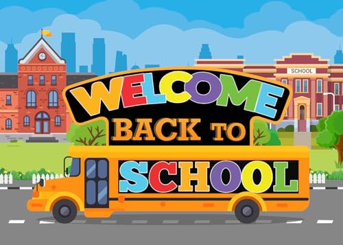 LYWYGG Telón de fondo de autobús escolar con texto en inglés "Welcome Back to School" de 7 x 5 pies, telón de fondo de dibujos animados, estudio de fotografía, accesorios de fotografía CP-524