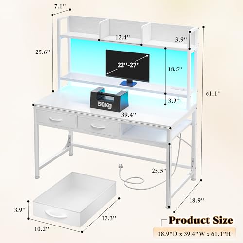 Image of DurayLoly Computer Desk with Monitor Stand, LED Lights,Power Outlet | Gaming Desk with 2Drawers, 4-Tier Storage Shelves for Home Office & Bedroom Small Space Office Desk, White