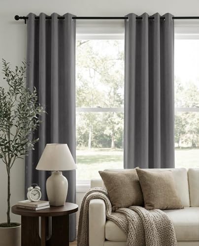Image of 100% Blackout Shield Curtains, Dark Gray, 50''W x 96''L, 2 Panels, Linen Textured Look, Thermal Insulated, Full Light Blackout, Rod Pocket, Living Room /Bedroom