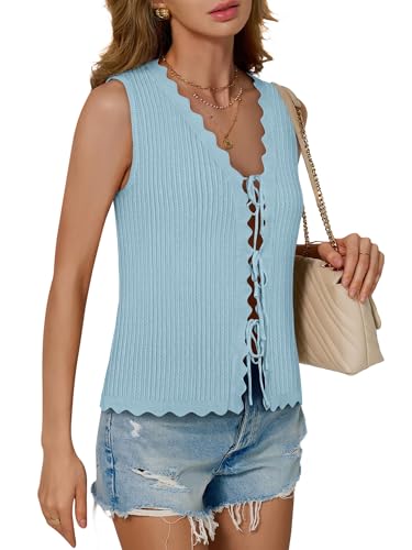 Image of COCCKO Womens Summer Tops Vacation Beach Outfits Cute Tie Front Crochet Vest Knit Sleeveless Sweaters