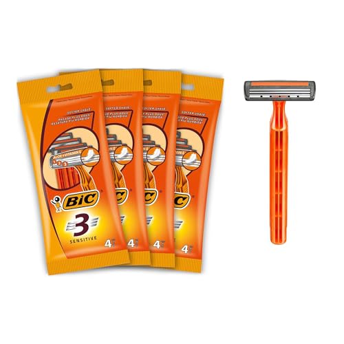 BIC 3 Sensitive - 16 Rasoirs Jetables pour Homme, 3 Lames avec Bande Lubrifiante pour un Rasage Doux et Précis - Lot de 4 Pochettes de 4