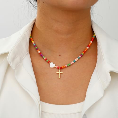 Colorful Beaded Cross Necklace for Girl Women, Graduation First Communion Confirmation Baptism Christian Religious Catholic Jewelry Gifts for Teen Girl 15+2 Inches2