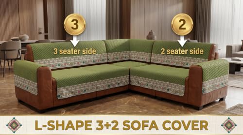 Image of KINGLY L-Shape Sofa Cover 5 Seater 3+2 Velvet Full Cover - Olive Green | Fully covered quilted velvet slipcover, washable anti-slip furniture protector, L-type corner sofa cover for living room