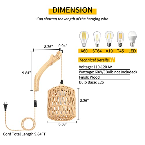 Image of Frideko Rattan Wall Lamp with Plug in Cord Hand Woven Plug in Wall Sconces Paper Rope Wall Light Farmhouse Wall Sconce Wall Mounted Light Boho Wall Sconces Wall Lighting for Bedroom Living Room