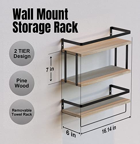 Richer House 2+1 Tier Wall Mounted Floating Shelves Set Of 2, Rustic Wood Wall Shelf With Metal Frame, Extra Storage Rack For Bathroom, Kitchen, Bedroom With Tissue Rack & Towel Bar - Rustic Wood #TOP1