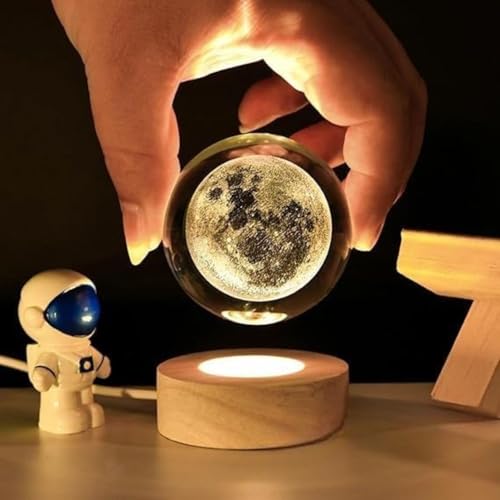 Image of Crystal 3D Galaxy Ball Night Light | Dimmable Engraved LED Glass Ball Table Lamp with USB and Wooden Base for Home Decor|Office|Birthday Gift & Kids Bedroom|Decoration (Moon)