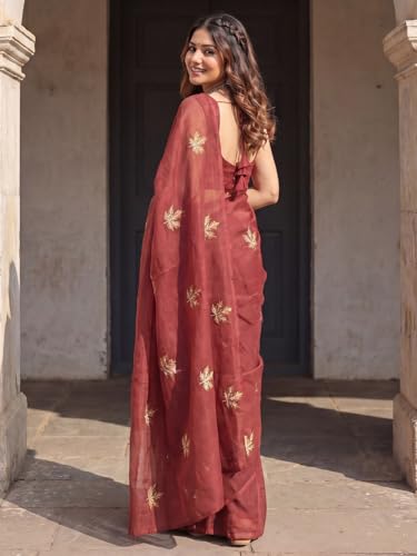 Image of AKHILAM Women's Shimmer Off White Chanderi Cotton Floral Hand Paint Embroidered Lace work Saree With Unstitched Blouse Piece | saree for woman | Designer Saree for Women | Soft and Skin Friendly