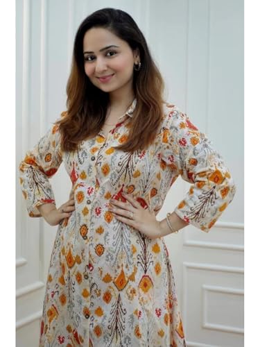 Image of DHRUVI TRENDZ Anarkali Kurta-Set for Women - Viscose Rayon Printed Kurta & Straight Pant | Festive Ethnic Indian Traditional Outfit for Functions & Puja | Lightweight Two Piece Dress for Daily Wear & Holiday Look | 3 /4 Sleeve
