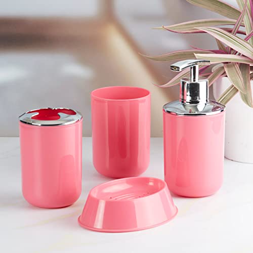 Image of Kookee Acrylic Bathroom Set - Stylish 4 Piece Bath Accessories Kit with Soap Dispenser, Toothbrush Holder, Tumbler & Soap Dish - Modern & Designer Decor for Home & Guest Bathrooms (7397)