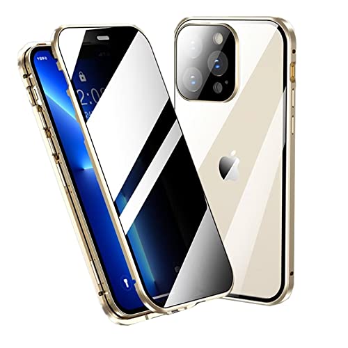 覗き見防止 iPhone 15 Pro Max ケース ロック式 アルミ合金 バンパー マグネット式 両面ガラス レンズ保護カバー 360 全面保護 背面透明カバー 強化ガラス 耐衝撃 スマホケース 磁石(iPhone15ProMax,金)