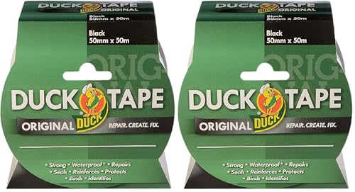 Image of Duck Tape Original Black, 50mm x 50m. The original high strength waterproof gaffer and duct adhesive cloth repair tape (Pack of 2)