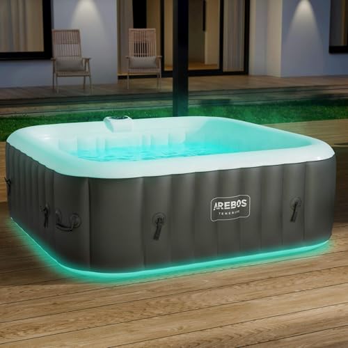 Arebos Spa Gonflable | Gonflable Automatique | Intérieur et extérieur | 185x185cm | 6 Personnes | Bande Lumineuse LED | 130 Jets de Massage | 910 L | avec Couvercle |...