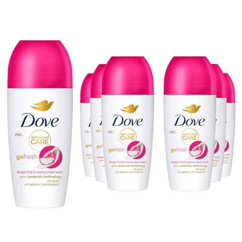 Dove Advanced Care Go Fresh Dragonfruit & Coconut Cream Scent Women's Antiperspirant Deodorant Roll On for 72 hour sweat protection with Pro-Ceramide technology 50 ml, Pack of 6