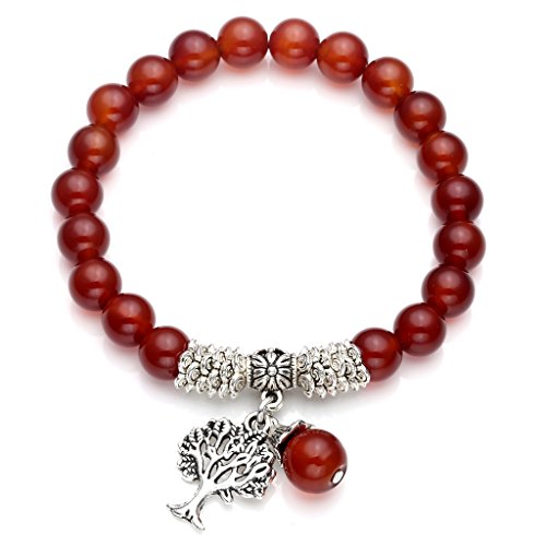 Top Plaza Stretch Red Agate Tree of Life Lucky Stone Bracelet Reiki Healing Crystal Gemstone Dangle Charms Pendant Birthstone Bracelet(6.2