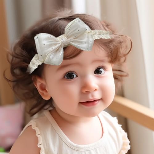 Lace Bow Baby Girl Headband Cute Gauze Bow-Knot Hair Band Elastic Turban Head Wrap Soft Lace Rhinestone Crystal Hair Accessory for Newborn Infants Toddler (Off white, Standard size)