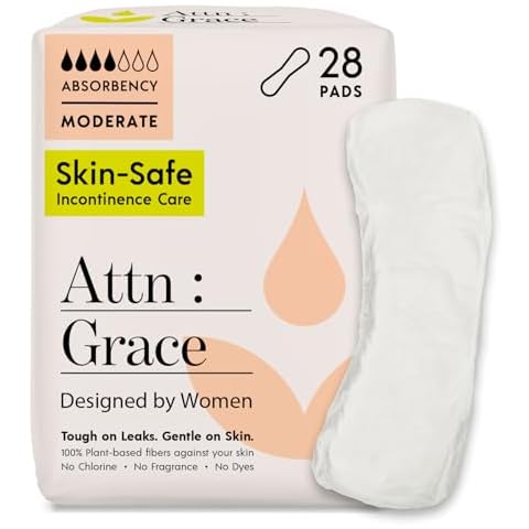 Attn: Grace Moderate Incontinence Pads for Women (28-Pack) - Discreet High Absorbency Sensitive Skin Protection - Medium Bladder Leaks or Postpartum - 100% Breathable and Plant-Based Cover
