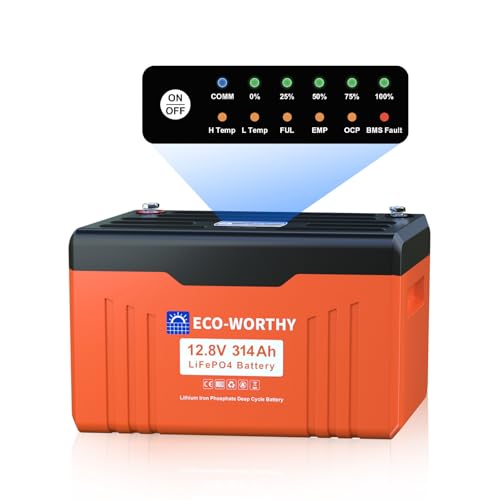 ECO-WORTHY 12V 314AH ​LiFePO4 Lithium Battery Bluetooth with SOC LEDs, Low Temp Protection, 4019WH, 200A BMS Up to 15000 Deep Cycle for Off-Grid, RV, Solar Power System, HomeBackup