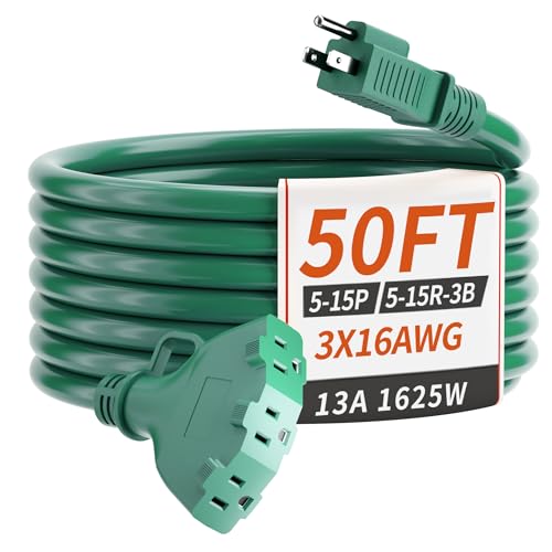 50 FT 16/3 Green Outdoor Extension Cord with Multiple Outlets Flexible Weatherproof 3 Outlets Green Extension Cord Outdoor Waterproof 13A 1625W 16AWG SJTW ETL Listed