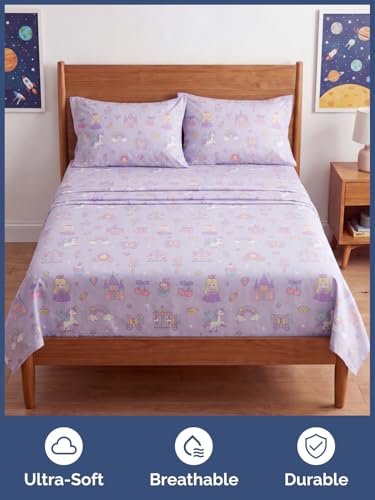 Image of Kids Full Size Princess Dreamland Bed Sheets - 4 Piece Kids Sheet Set | Princess Dreamland Themed Bedding, Ultra-Soft, Cute & Cozy, Breathable & Machine Washable, Bed Set for Boys, Girls & Teens