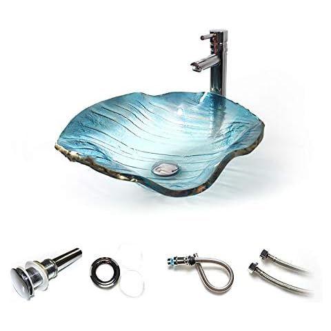 APENCHREN Blue Lotus Leaf Shape Countertop Basin,Tempered Glass Wash Basin With Golden Edges,Bathroom Washbasin Sink Vessel,B Cover