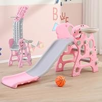 WDW 2-in-1 Foldable Children's Slide and Basketball Stand, Indoor/Outdoor Play Set, Pink and Green (Pink)
