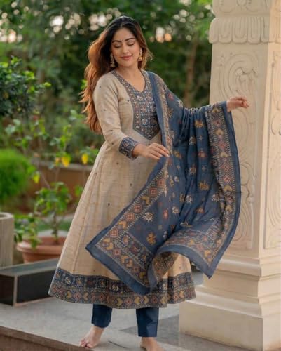 Image of ANNI Designer Kurta Sets for Women Viscose Printed | Kurta Pant Dupatta Set | A-Line Kurti Set for Women | Round Neck 3 /4 Sleeve Ethnic Suit | Designer Indian Kurti Outfit with Pants