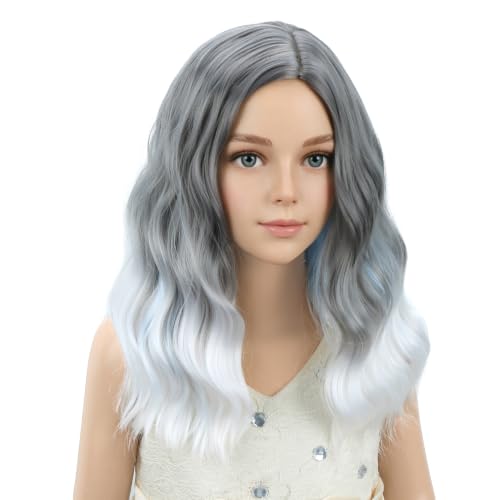 Image of PATTNIUM Gray Ombre White Short Curly Wavy Wigs for Girls Kids | Grey Side Part Shoulder Length Wig Halloween Cosplay Costume Party Wigs