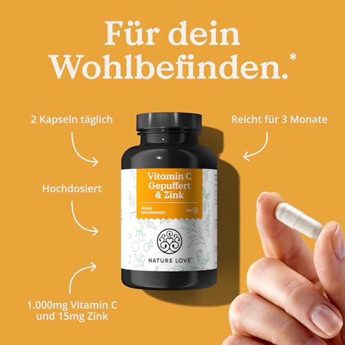 NATURE LOVE® Vitamin C Gepuffert & Zink – 180 Kapseln – hochdosiert 1000mg + 15mg Zink – Fermentation von Mais, pH-neutral, säurefrei – laborgeprüft, vegan und in Deutschland produziert 3
