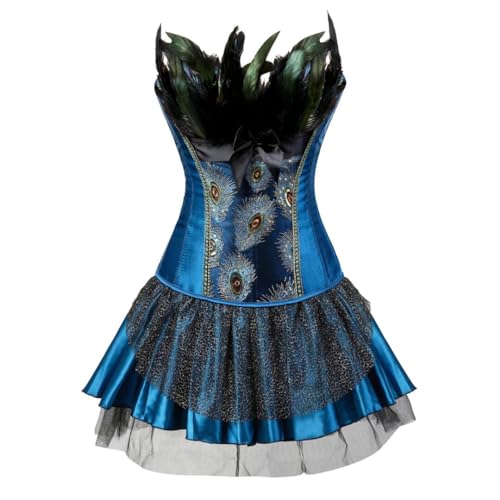 Jutrisujo Corsets Dress for Women Bustier Lingerie for Gothic Peacock Feather Halloween Renaissance Plus Size Blue 2XL