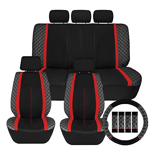 We Are Young Life is Fun™ Checker Car Seat Covers Universal Fit Interior Accessories Full Set Red Seat Cover Combo Steering Wheel Cover and Seat Belt Pads, Airbag and Split Rear Car Seat Covers