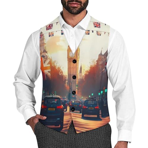 London Street with Flags Suit Vest for Men Slim Fit Tuxedo Waistcoat Button Down V Neck Business Dress Coat