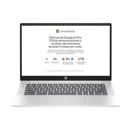 HP Chromebook - Ordenador portátil de Google 14' FHD (Intel N100, 8GB RAM, 128GB eMMC, ChromeOS) + Suscripción Google AI Pro con Gemini Pro y 2TB de Almacenamiento Durante 3 Meses - QWERTY Español
