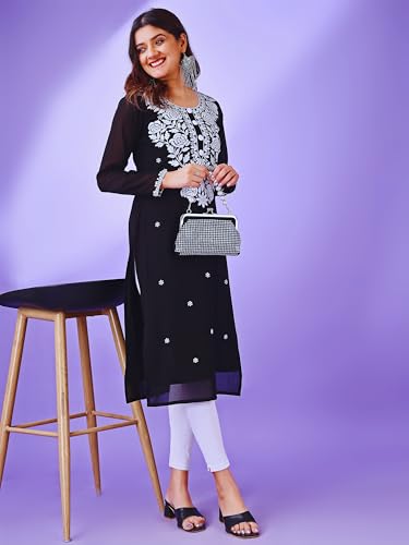 Image of HESVI Women's Georgette White Lakhnavi Chikankari Kurti with Intricate Embroidery Work