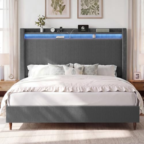 Image of Queen Size Bed Frame with 55.3 inch Tall Headboard, Corduroy Upholstered,Grey