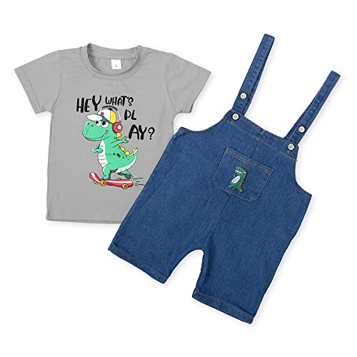 Bold N Elegant Cute Dinosaur Cartoon Print Half Sleeve Kid’s T-Shirt with Denim Dungaree Bibshorts for Baby Boy & Girl