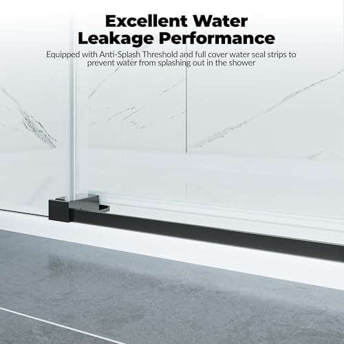Image of 44-48 inch W x 76 inch H Frameless Sliding Shower Door, 1 /4 inch (6mm) SGCC Tempered Glass with Easy-Clean Coating & Explosion-Proof Film, Matte Black Round Rail, Single Sliding Bypass Bathroom Door