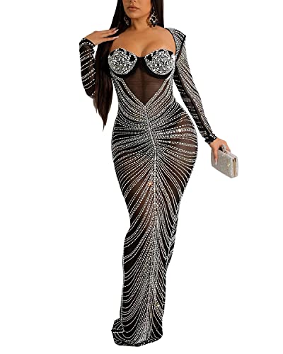 Image of PORRCEY Women's Sexy Hot Drilling Craft Rhinestone Long Sleeve Bodycon Party Club Night Out Dress(6023,Black,M)