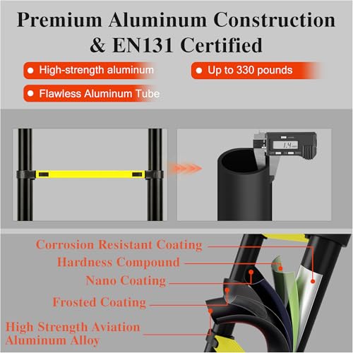 Image of Telescoping Ladder A Frame 16.5Ft with Stabilizer Bar, Black+Yellow | 330 LBS Capacity with Non-Slip Feet, Aluminum, Collapsible Extension Ladder for House, Roof, RV & Travel Trailer