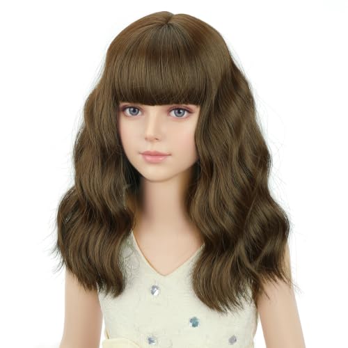 Image of PATTNIUM Kids Brown Wig with Bangs Short Curly Wavy Brown Girls Wig Dark Brown Synthetic Wigs for Cosplay Costume Party with Wig Cap