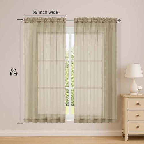 Image of OWENIE Sheer Taupe Curtains, Sheer Curtains 63 inch Length 2 Panels Set, Rod Pocket Voile Fimly Sheer Drapes for Living Room Bedroom, 2pcs, Taupe, Each 59 inch W x 63 inch L